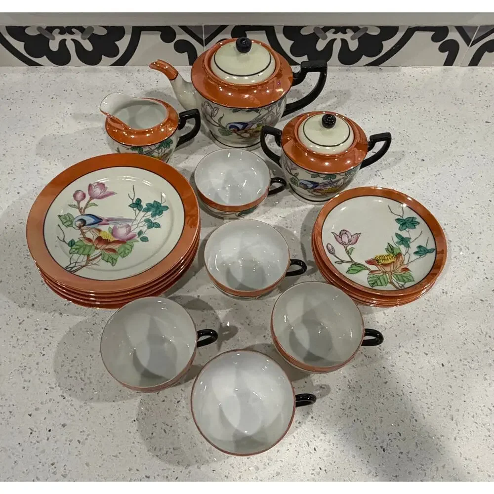 Vintage Japanese Lusterware Tea Set Chikaramachi Bird & Flower Pattern 18 pieces